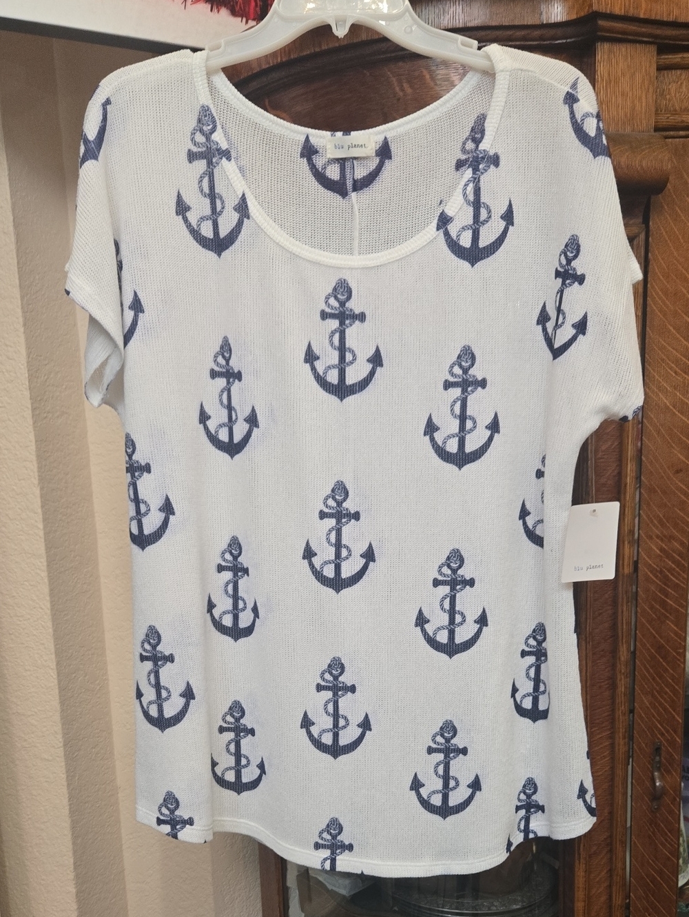 Blu Planet White Short Sleeve Top with Navy Anchor Print